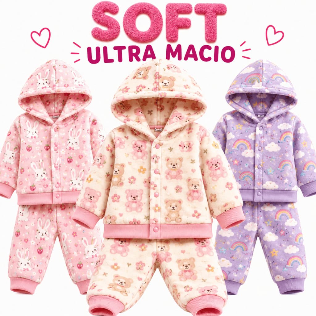 Kit 2 Conjunto Soft Bebê Menina Quentinho Inverno Infantil Tamanho 1 ao 3 Ultrasoft Fleece Peluciado com Capuz