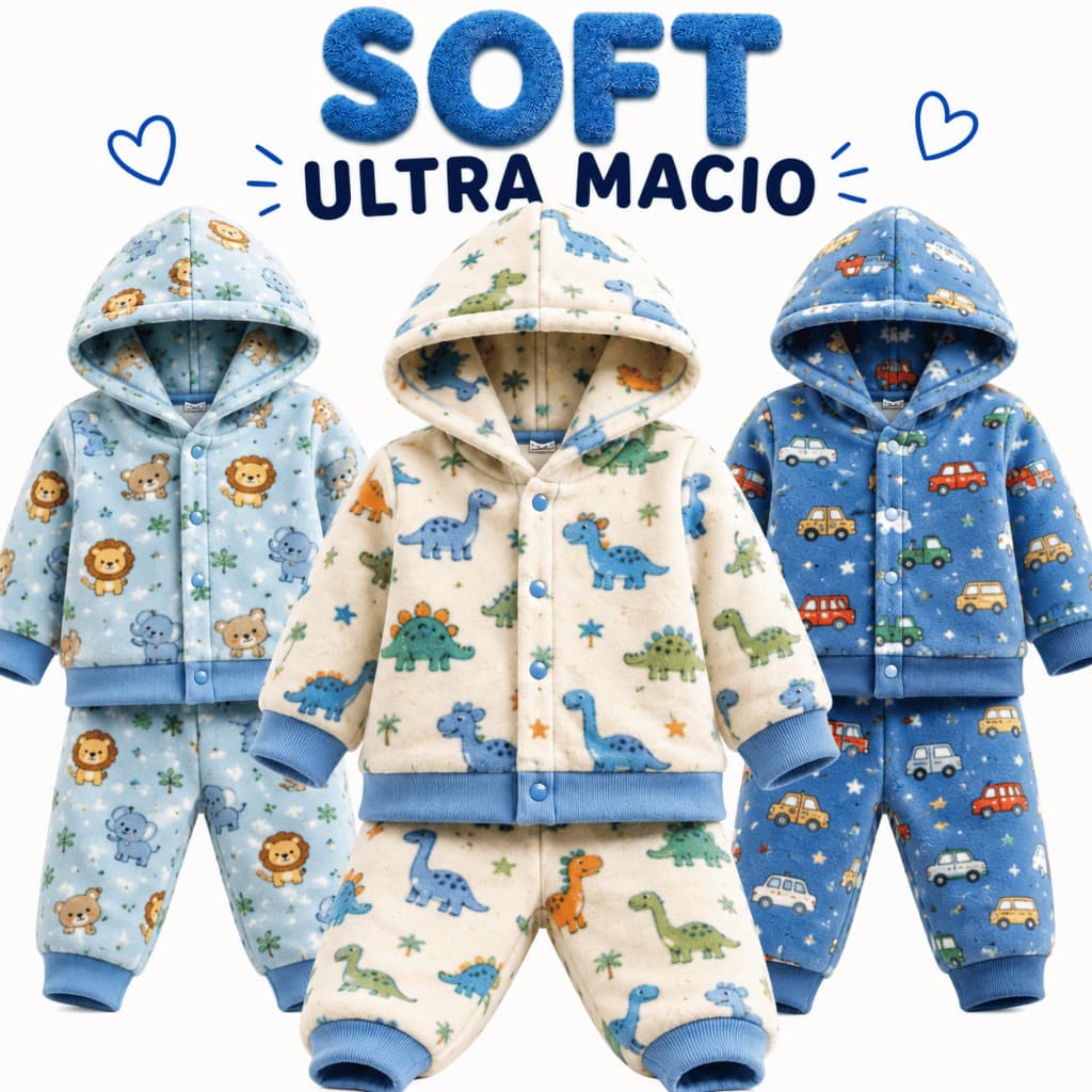 Kit 2 Conjunto Soft Bebê Menino Quentinho Inverno Infantil Tamanho 1 ao 3 Ultrasoft Fleece Peluciado com Capuz