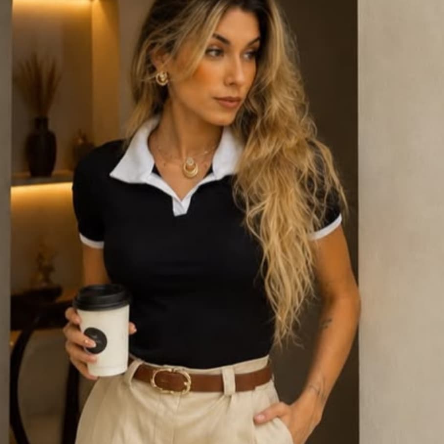 Camisa Polo Feminina Bicolor Ribana Premium Ajustada Gola Contraste Elegante Moda