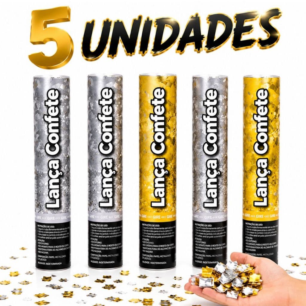 Kit Com 5 Lança Confete Prata 30cm –Chuva de Prata Metalizado para festas,casamento e formatura