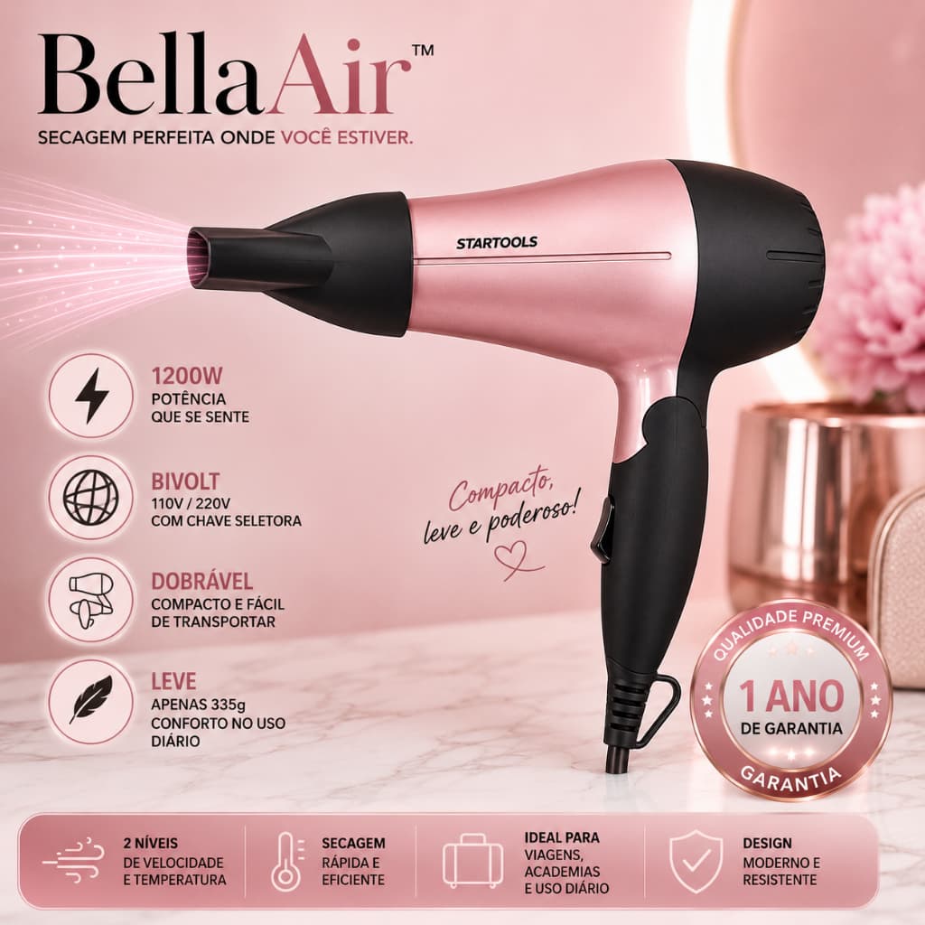 Secador de Cabelo BellaAir™ 1200W Bivolt Dobrável Compacto Rosa para Viagem e Uso Diário