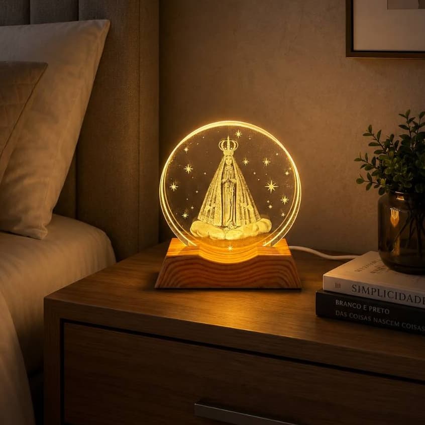 Luminária Abajur LED Nossa Senhora Aparecida USB – Luz Aconchegante para Quarto, Sala e Escritório