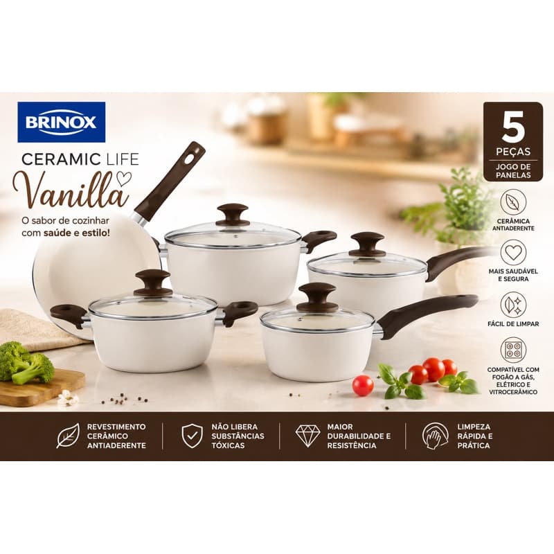 Jogo de Panelas Brinox Ceramic Life Vanilla 5 Peças Panelas de Cerâmica Antiaderente Original