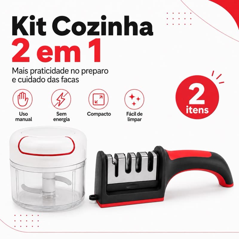 Kit Cozinha 2 em 1 Mini Processador Triturador Manual 170ml + Afiador Amolador de Facas 4 em 1