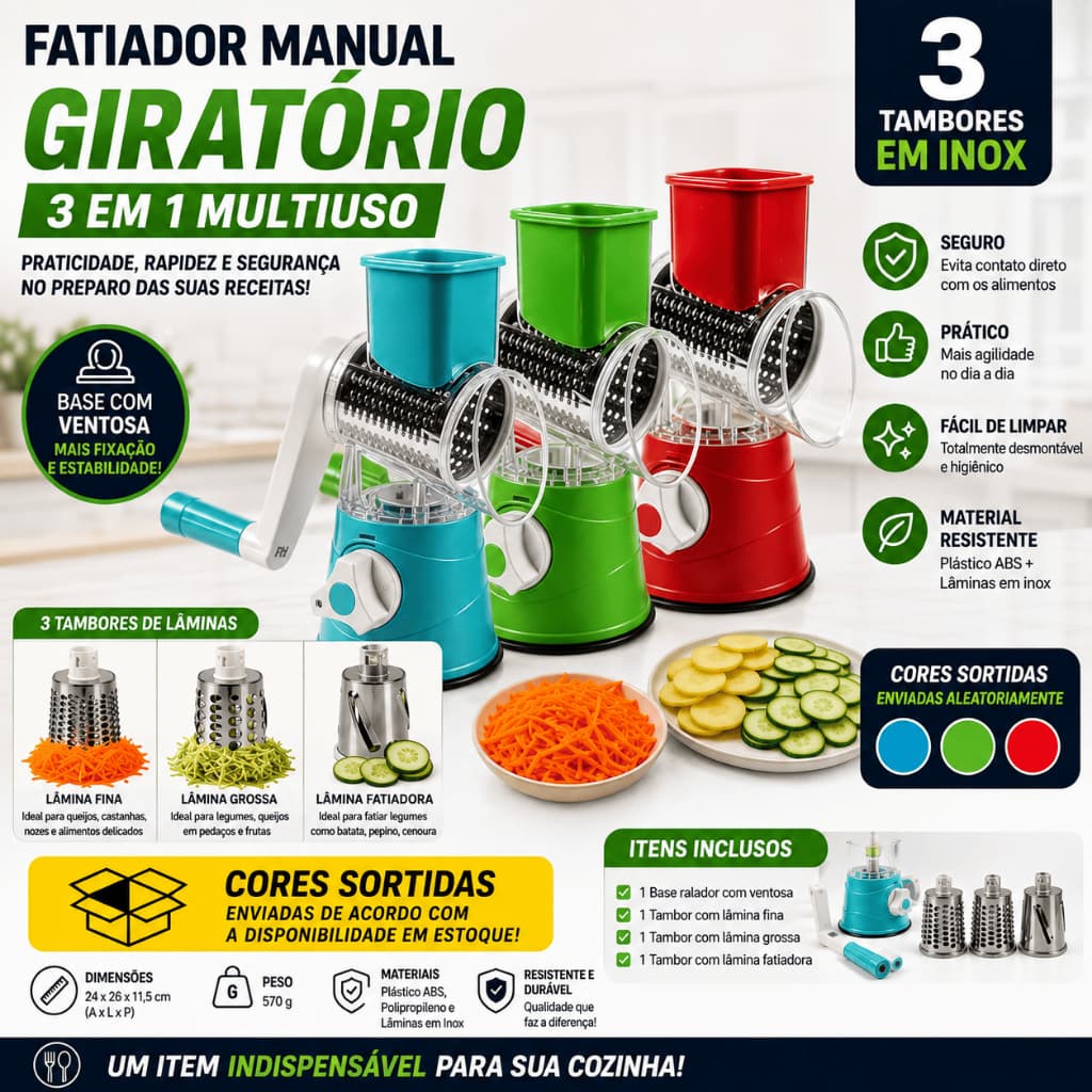 Ralador Fatiador Cortador Manual com Manivela Giratória 3 em 1 Inox  Multiuso para Legumes Vegetais e Frutas,