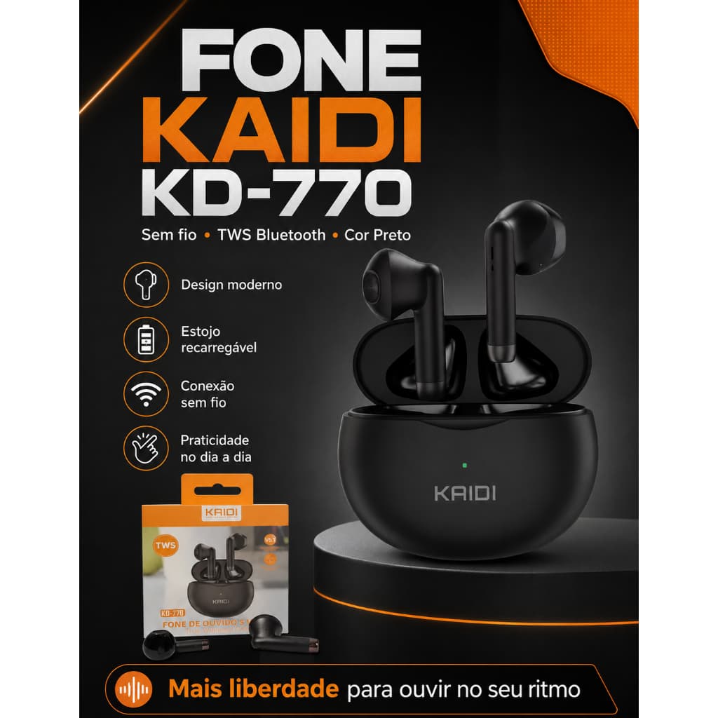 Fone De Ouvido Kaidi Kd-770 Sem Fio Tws Bluetooth Original Cor Preto