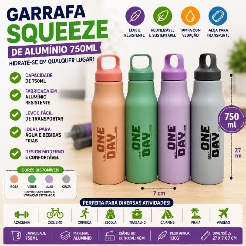 Garrafa Squeeze Alumínio 750ml com Alça Academia Fitness Ciclismo Caminhada Esportiva Reutilizável
