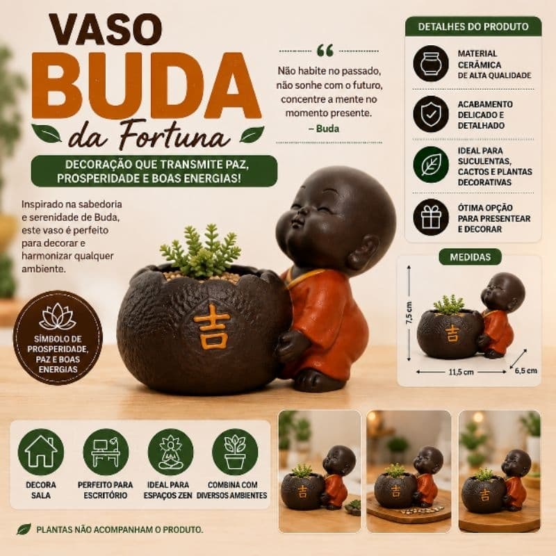 Vaso Buda da Fortuna em Cerâmica Cachepot Decorativo para Suculentas Cactos Plantas 11,5cm
