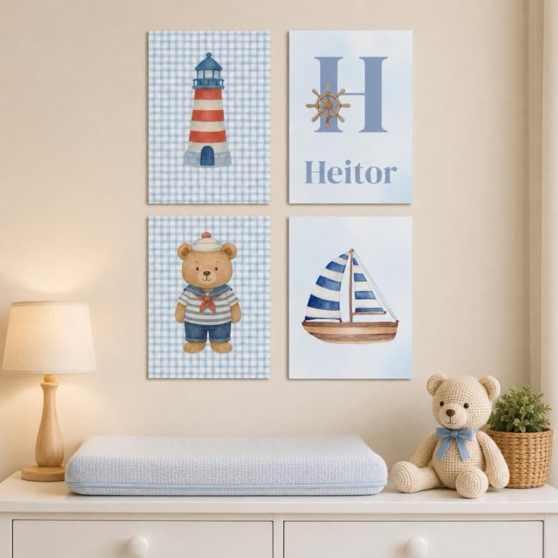 Kit 4 Quadros MDF Infantil A4 Decorativo Quarto Bebê Criança Personalizado Decoração| Urso marinheiro
