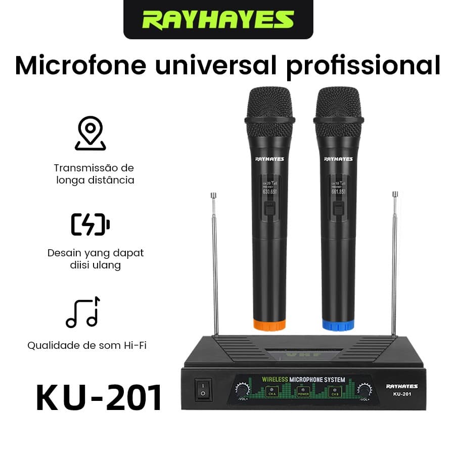 RAYHAYES Microfone Sem Fio KU-201 Dois Unidades Profissional Alcance 80 Metros Para Reunião Palco KTV Doméstico