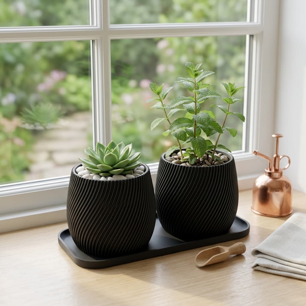 Conjunto de Vasos Decorativos em Espiral com Bandeja para decoração de Escritório Sala Banheiro Lavabo