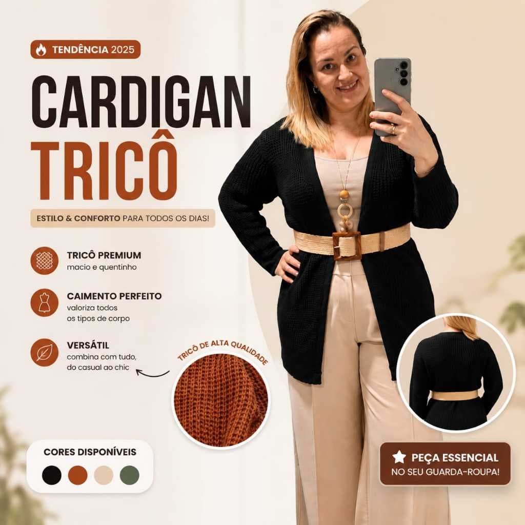Cardigan Feminino Tricot Elegance | Casaco Aberto Manga Longa Preto e Terracota | Veste até 44