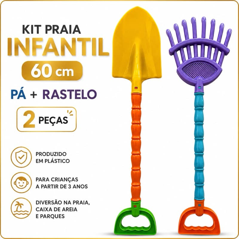 Kit Praia Infantil com Pá e Rastelo 60cm Brinquedo de Areia Plástico Colorido R-13