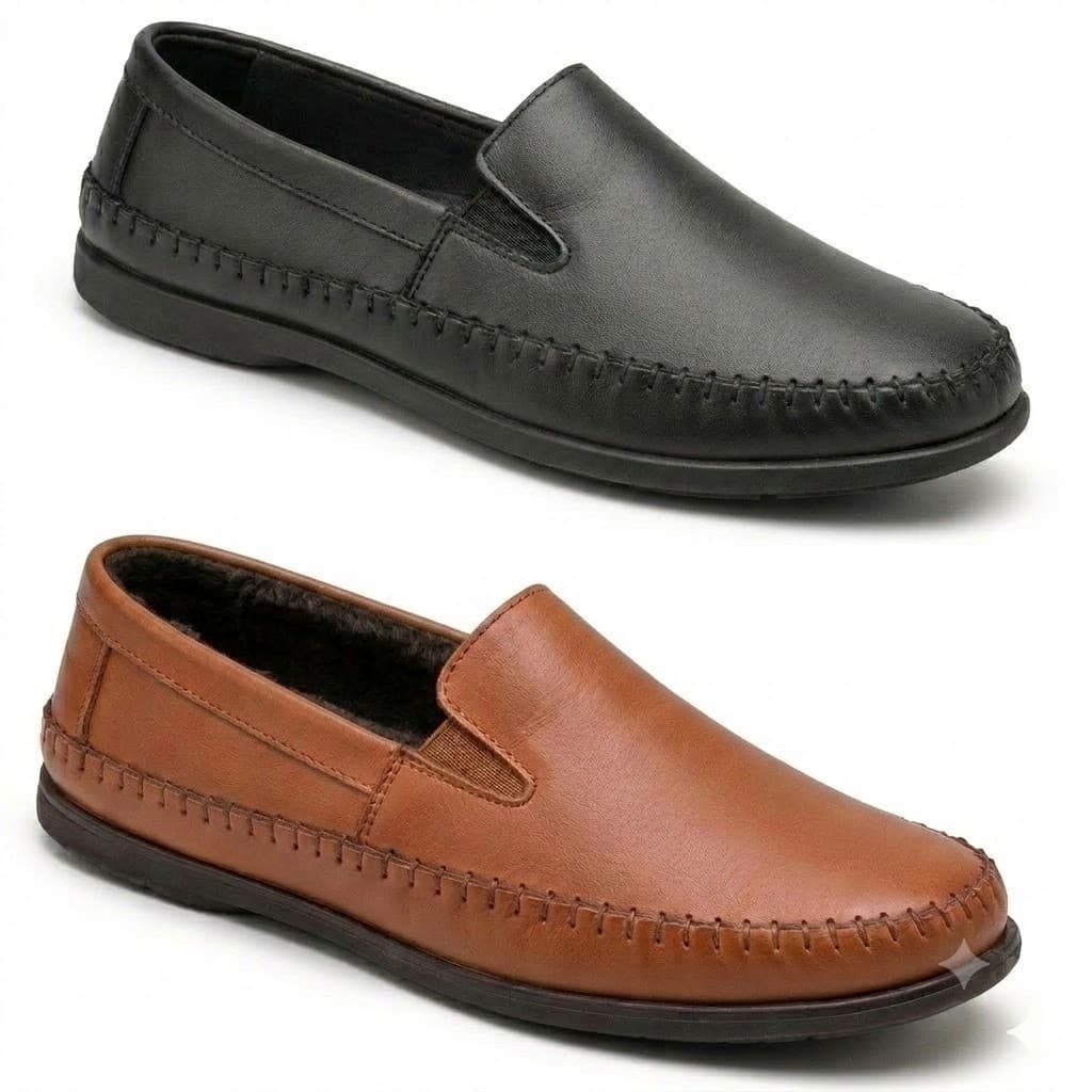 KIT COM 2 PARES-Mocassim Masculino de Couro Ecológico e Confortável – Sapato Casual Elegante e Leve - Preto e Caramelo