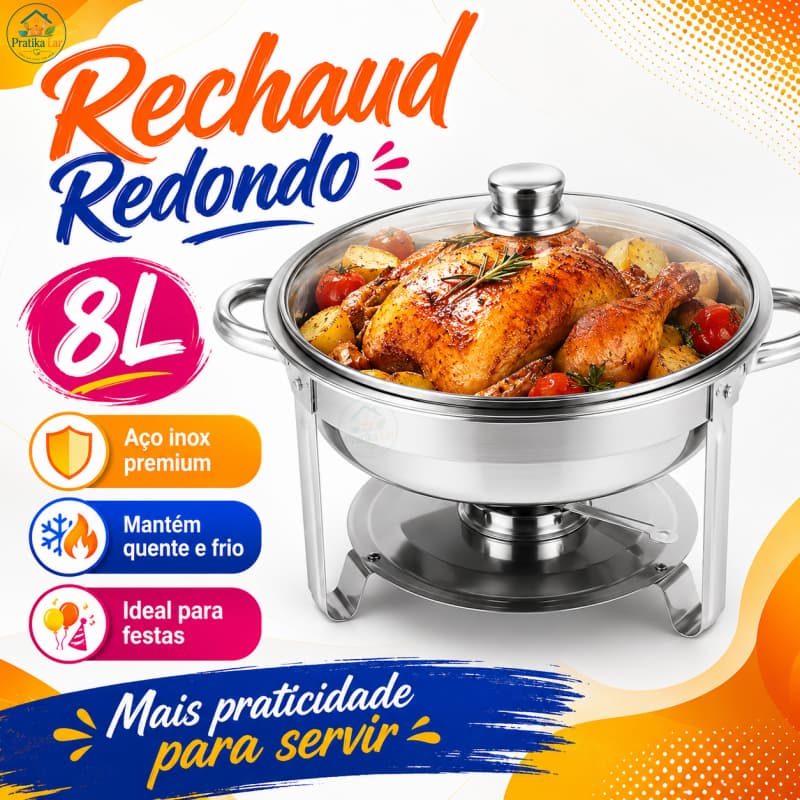Rechaud Redondo 8L Aço Inox Quente e Frio com Tampa de Vidro para Buffet e Sobremesas