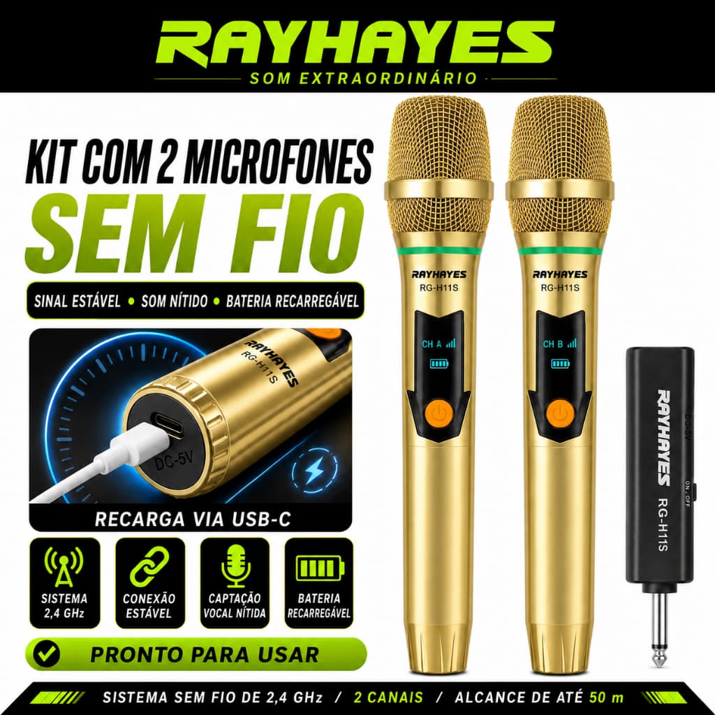 RAYHAYES RG-H11S Microfone Sem Fio Dinâmico Ouro 2.4G Redução Ruído Recarregável Karaokê Festa Palestra