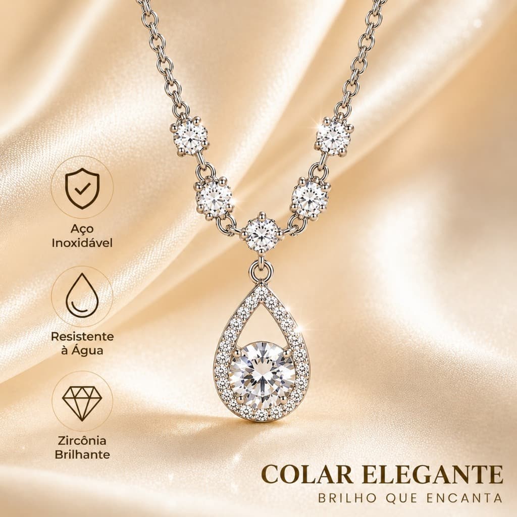 Colar Feminino Gota Zircônia Aço Inoxidável Ajustável 50cm Resistente à Água Elegante Presente para Mulher Prata