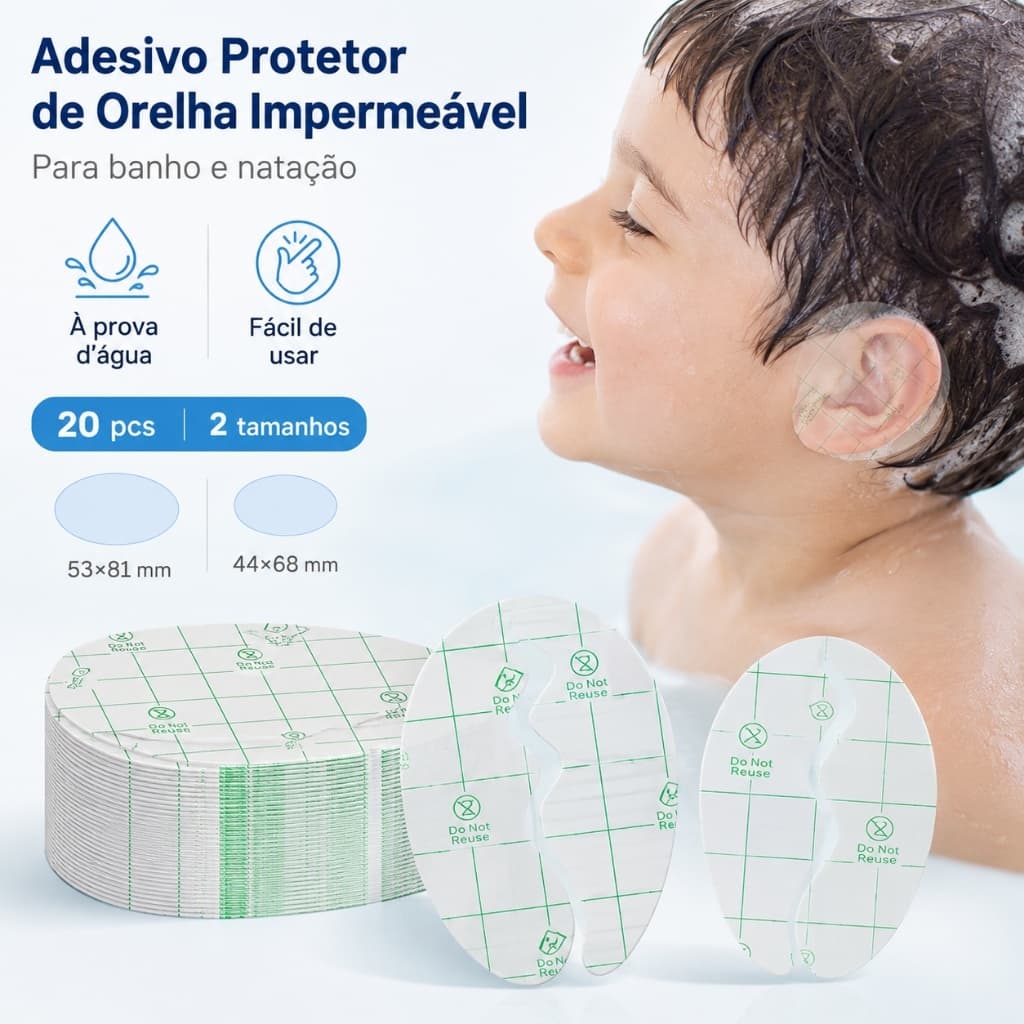 Adesivo Protetor para Orelha Resistente à Água 20 Unidades para Banho e Natação 2 Tamanhos