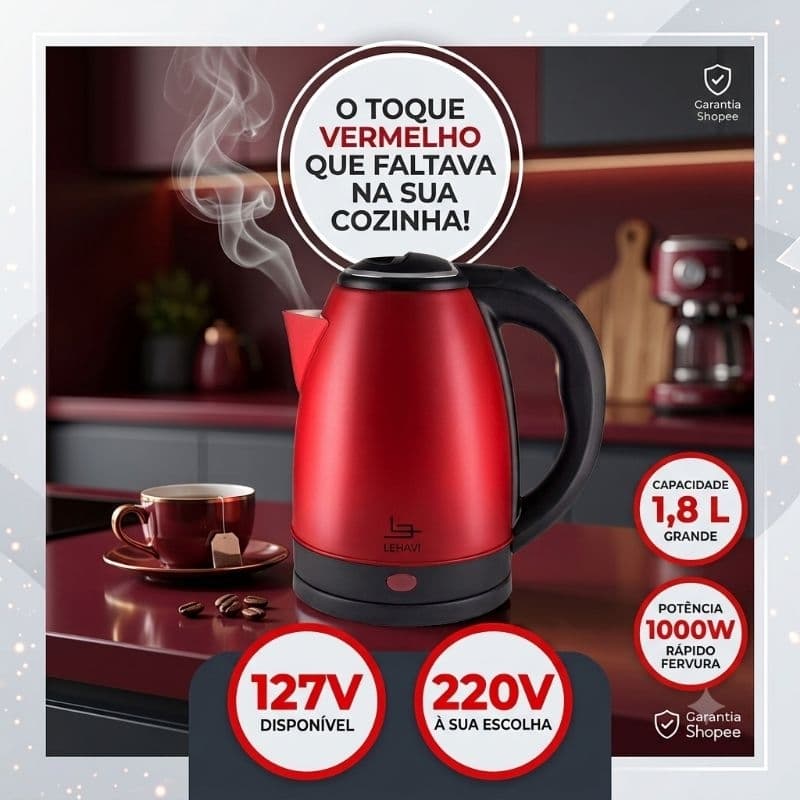 Chaleira Eletrica 1,8 Litros Potente Aço Inox Design Moderno Vermelha 127V 220V Café Chá Ferve Rápido