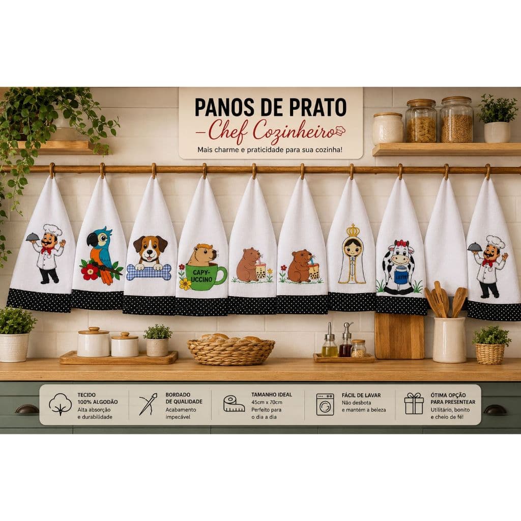 Kit Pano De Prato  1 Peça Até 10 Peças 100% Algodão Estampas Bordadas Sortidas Acabamento Premium