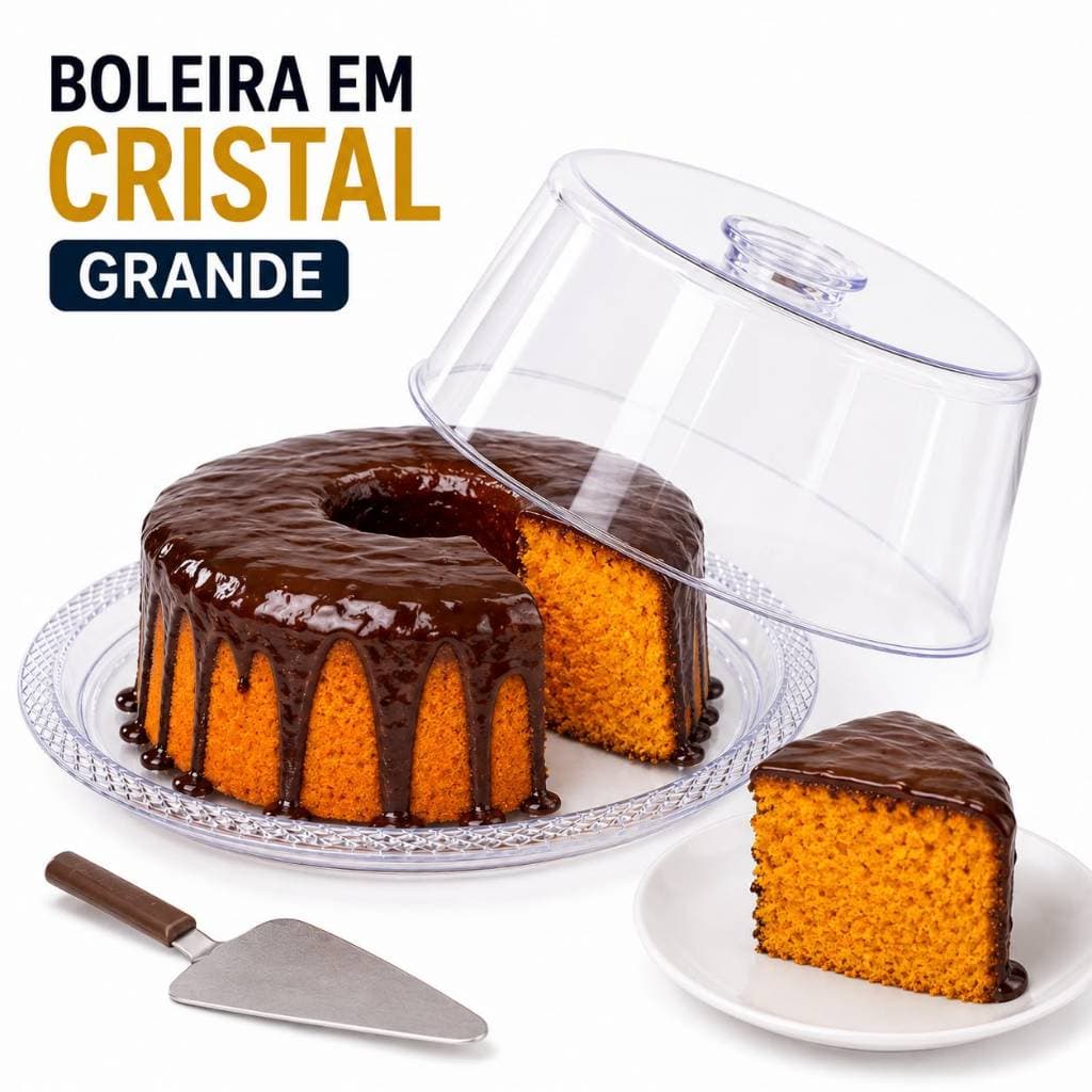 Porta Bolo Cristal Grande 32cm Tampa Transparente Boleira Redonda Tampa Alta para Bolos Doces Tortas Sobremesas Premium