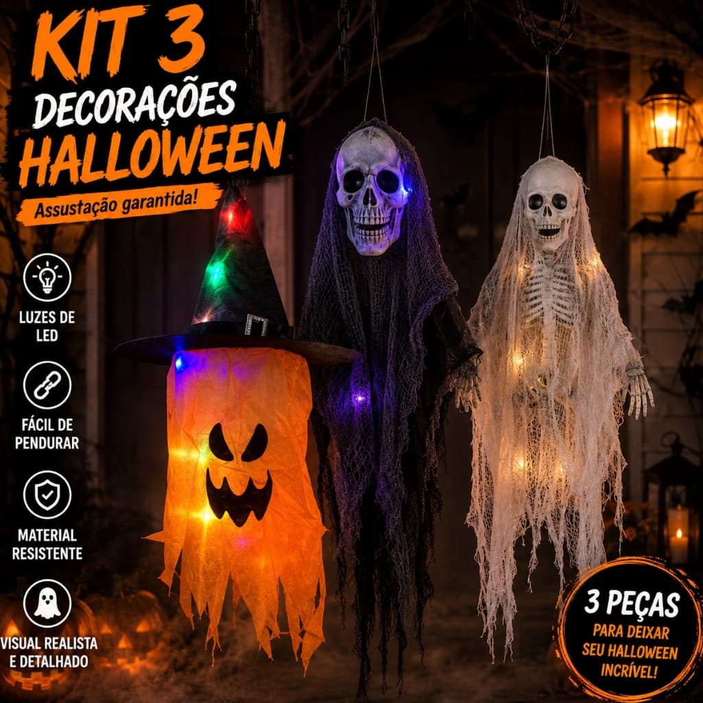 Kit 3 Fantasmas Halloween Decoração Assustadora Completa Fantasma Caveira Esqueleto Suspensos