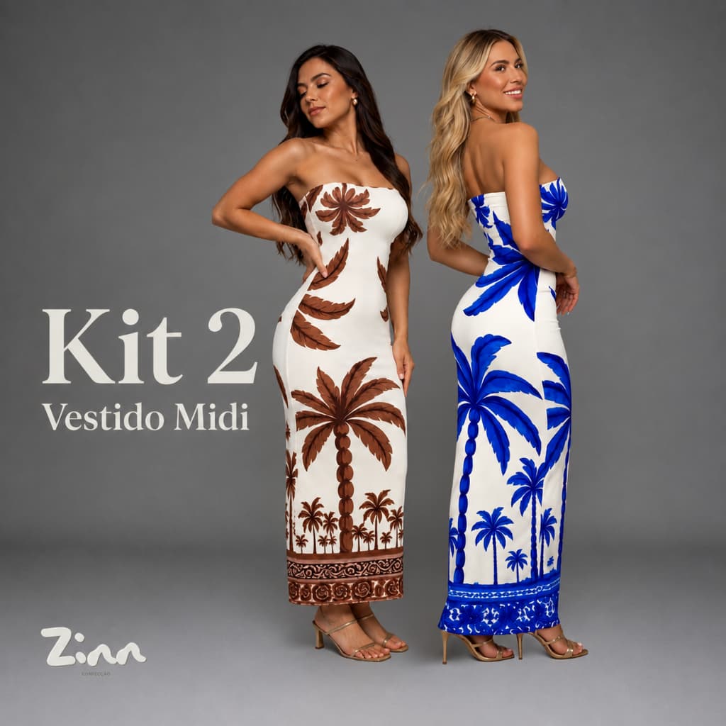 Kit 2 Vestido Feminino Midi Tomara Que Caia Tubinho Estampado Basico praiano modelador