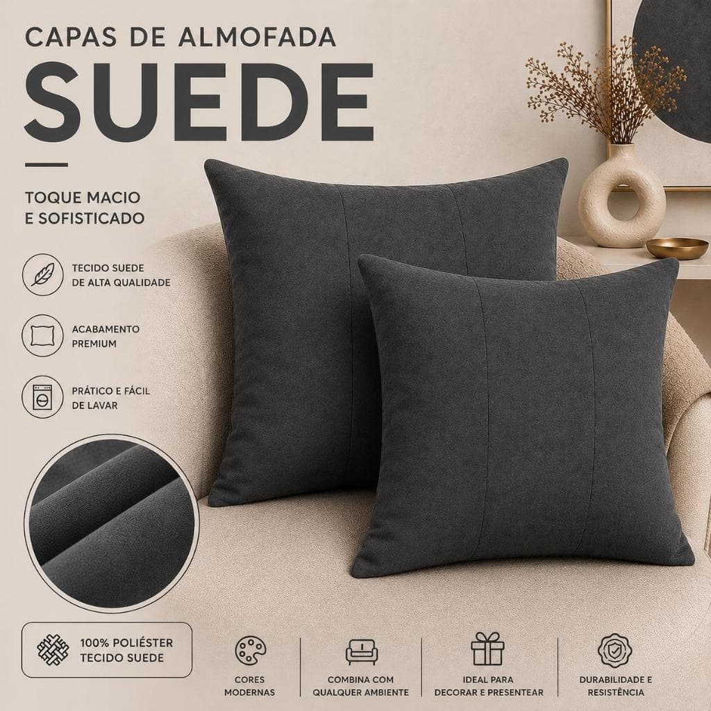 Kit 2 Capas de Almofada Luxo Suede Premium Serve Até 45x45cm Com Zíper Invisível - Envio Imediato