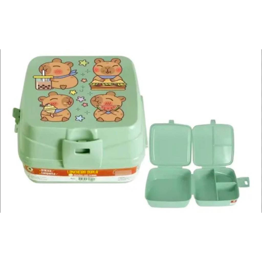 Lancheira Infantil Capivara Dupla Com Divisórias E Trava Segura Em Plástico Resistente BPA Free