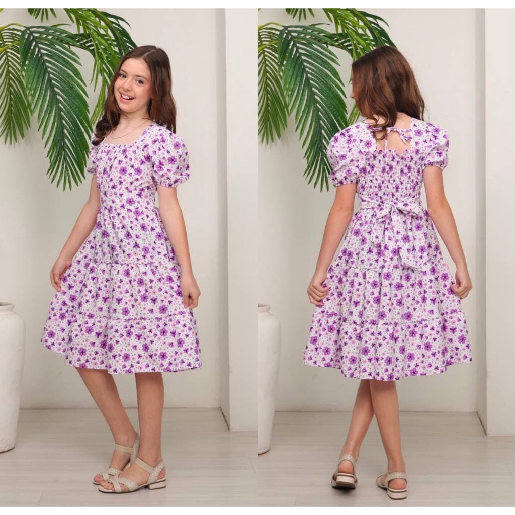 Vestido manga princesa estampado com amarração atrás