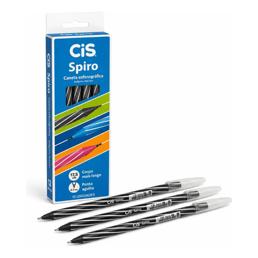 Caneta Preta Spiro Esferográfica 0.7mm Caixa 12 Un. Espiral