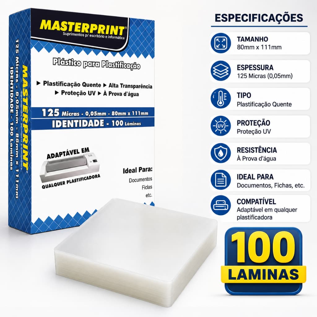 Plástico para Plastificação RG 80x111mm 125 Micras Masterprint (100 UN) Alta Transparência Proteção Durável