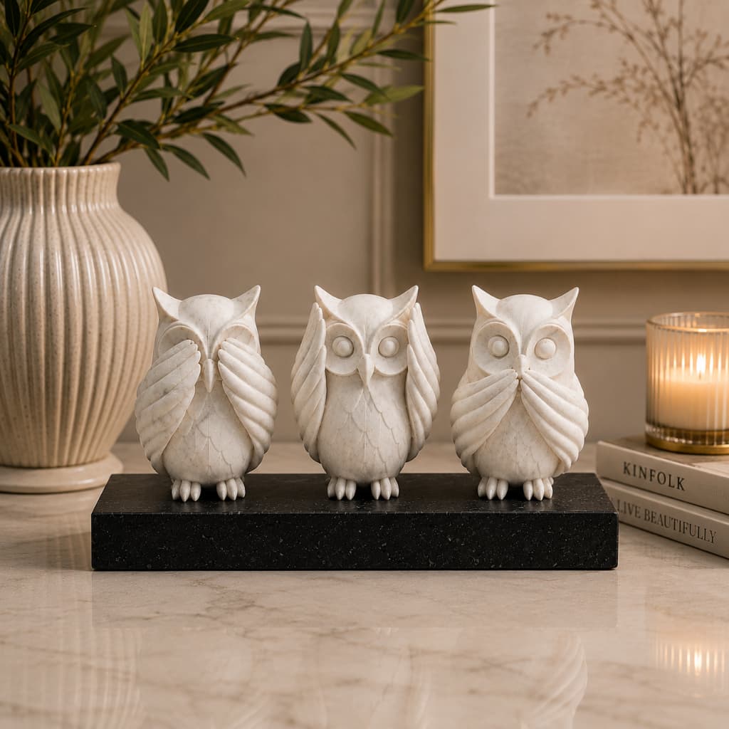 Kit 3 Corujas Decorativas Sabedoria – Não Vejo, Não Ouço, Não Falo | Escultura em Resina Premium