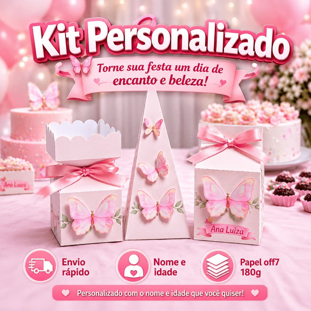 Kit Festa Jardim Borboletas Personalizado | Caixas Milk Pirâmide e Bala | Nome e Idade | Papel Off7 180g