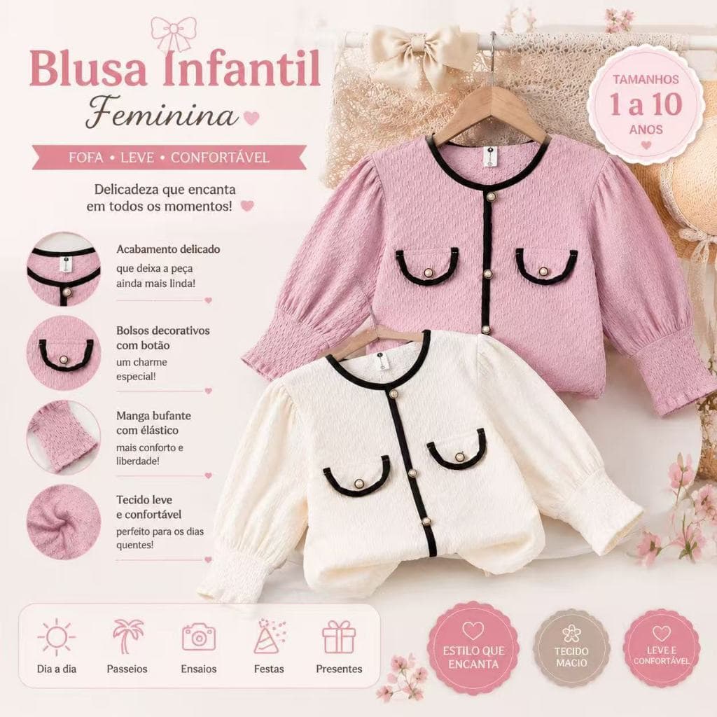 Cardigan Infantil Feminino Menina 1 a 10 Anos Rosa Branco Com Botões Pérola Estilo Princesa Moda Coreana Elegante Chique