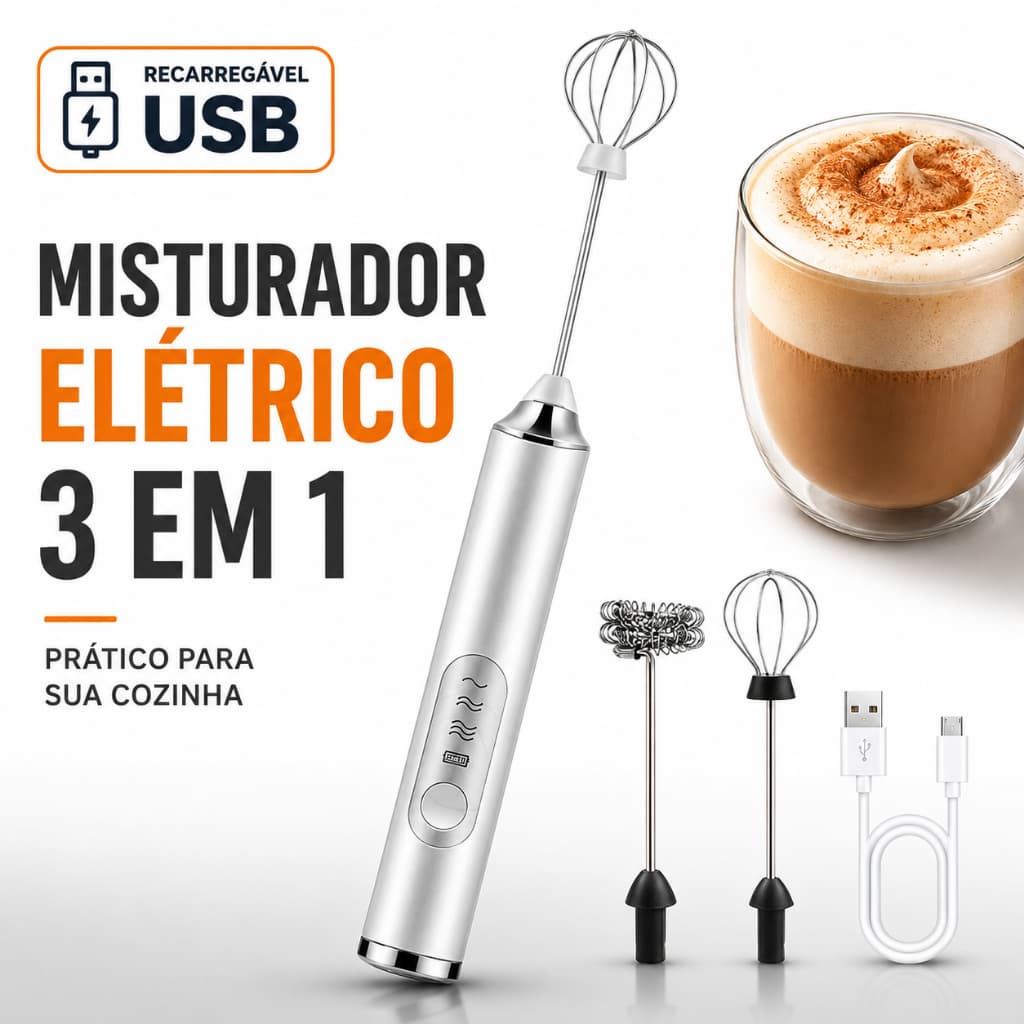 Mixer Portátil Espumador De Leite Elétrico 3 Em 1 Recarregável USB Batedor De Ovos Café Cappuccino Cozinha Prático