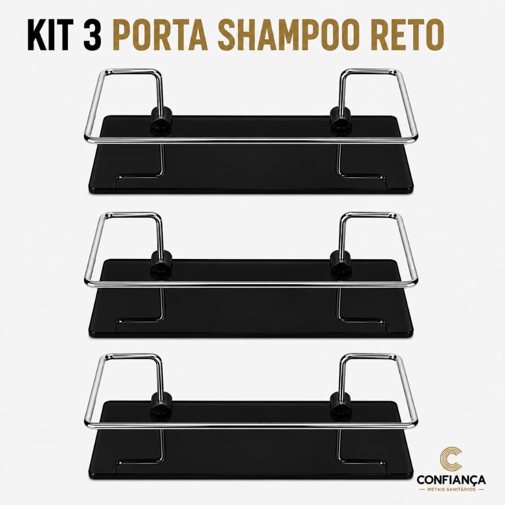Porta Shampoo Para Banheiro Suporte De Vidro 6mm Fumê Reto Mesclado Anti Ferrugem KIT 03 UN