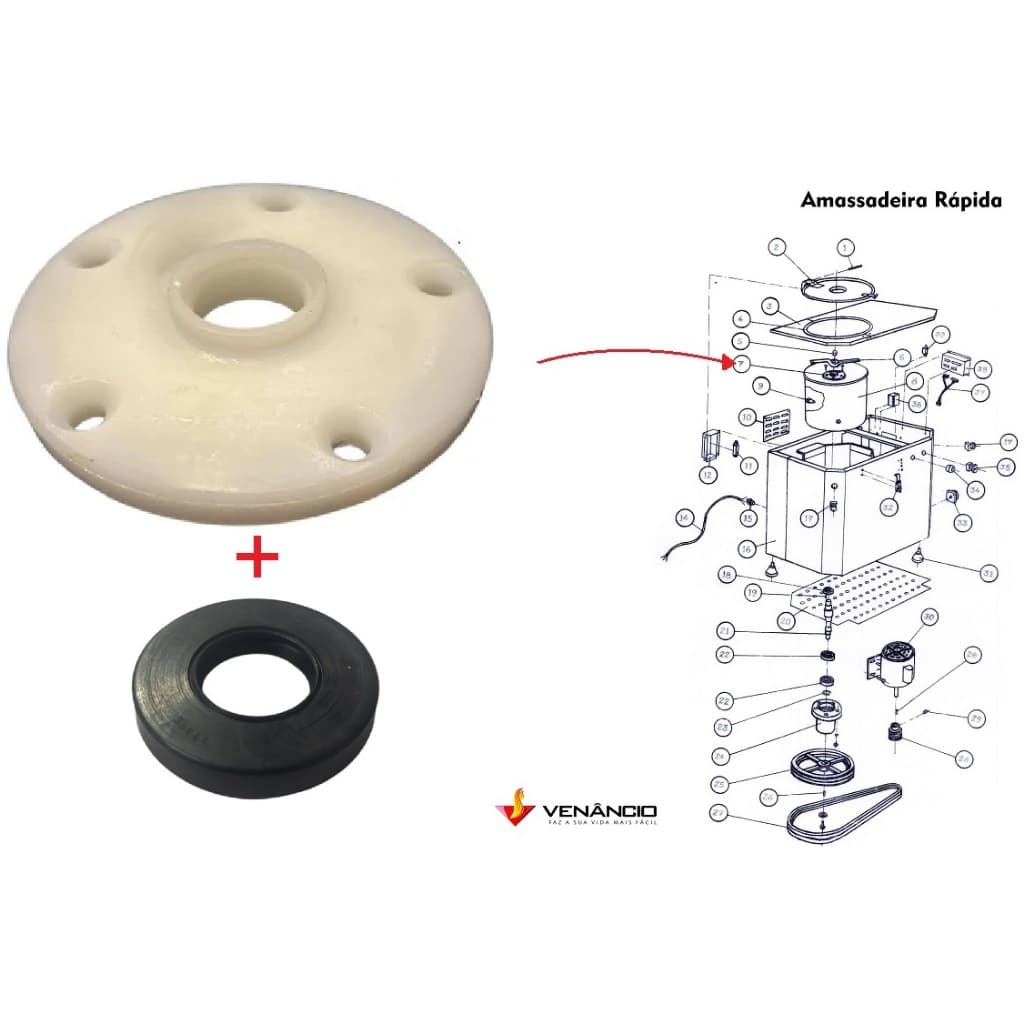 KIT Flange E retentor do eixo central mancal amassadeira misturadora masseira rápida Venâncio 7 15 25 kg ARV 7 15 25
