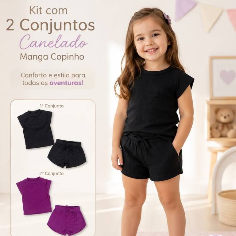 Kit Com 2 Conjuntos Infantil Shorts E Blusa Com Manga Copinho Canelado