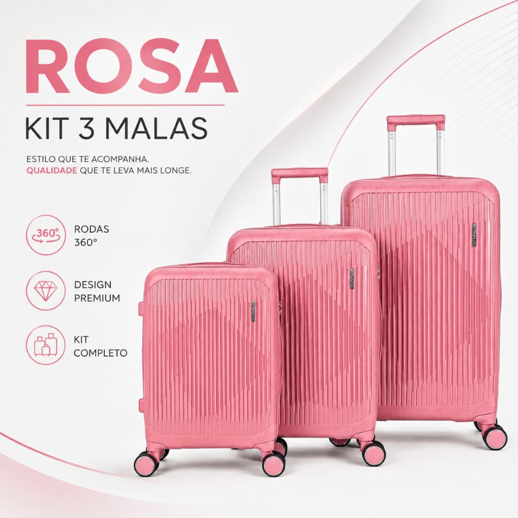 Kit 3 Malas Viagem Rígidas | P M G | Zíper Expansível, Cadeado Embutido, Rodinhas 360°