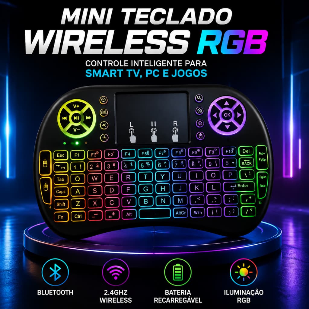 Teclado Mini Wireless com Iluminação RGB LE-7716 | Touchpad Integrado | Conexão 2.4GHz | Bateria Recarregável