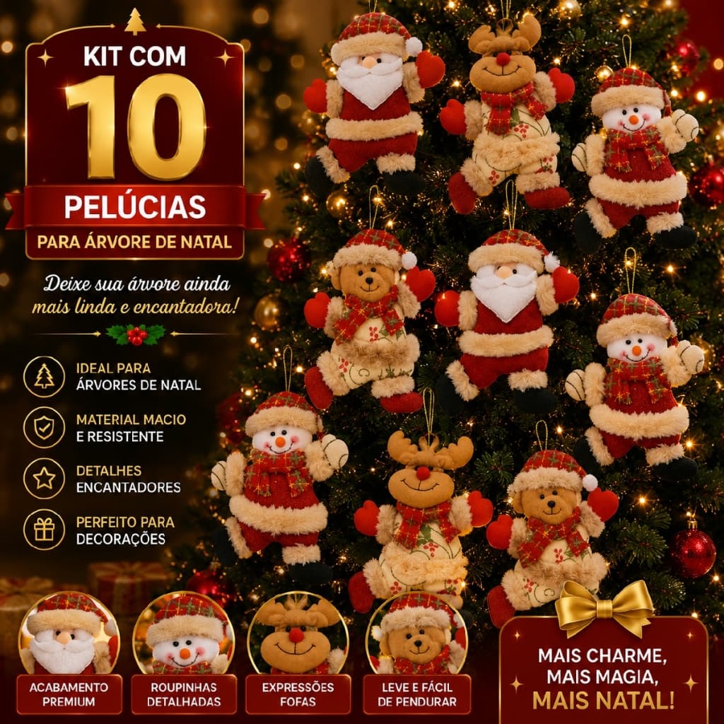 Kit 10 Bonecos de Pelúcia Pingentes Arvore de Natal Enfeites Decorativos Premium Item Luxo
