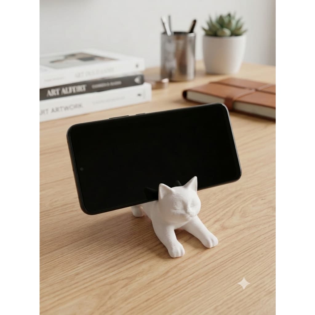 Suporte de Celular Gatinho Fofo Impressão 3D Texturizado Para Mesa - Rosa, Preto e Branco | Apoio de Smartphone Criativo