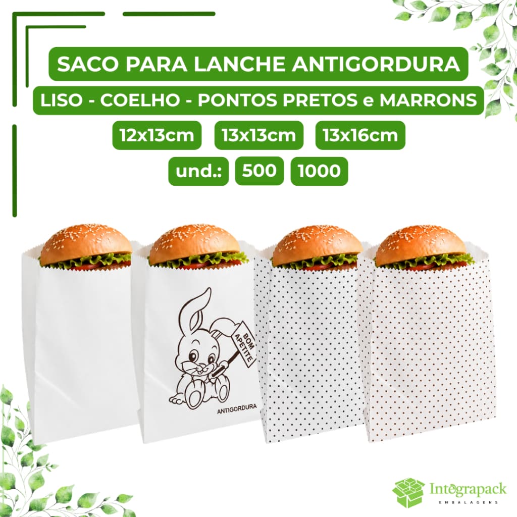 Saco de Papel Antigordura Liso Estampado Coelho Lanche Delivery Resistente Food Service