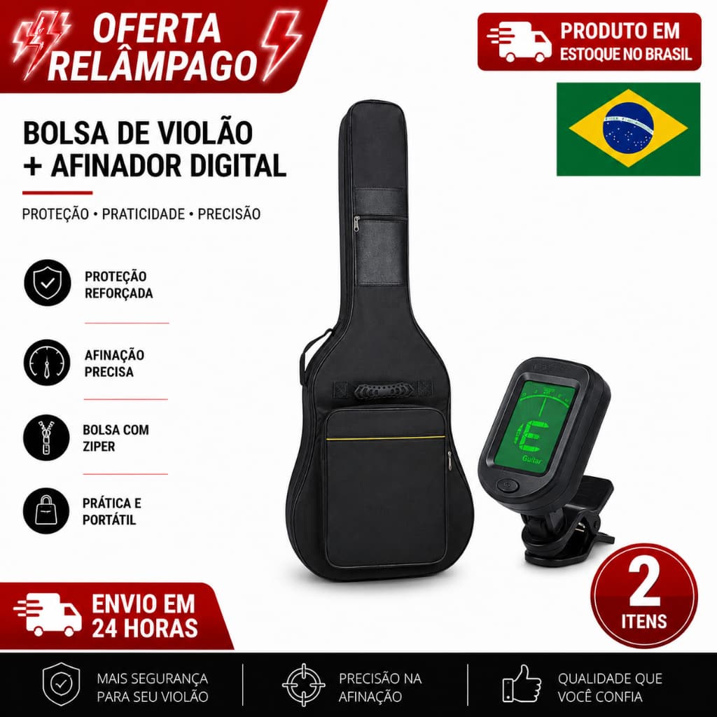 Kit Bolsa Para Violão Acolchoada + Afinador Clip Digital Guitarra Baixo Ukulele