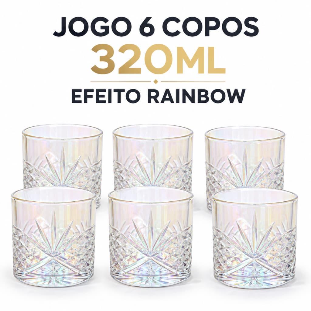 Jogo 6 Copos de Vidro Dublin Rainbow 320ml Furta-Cor para Água Suco e Drinks