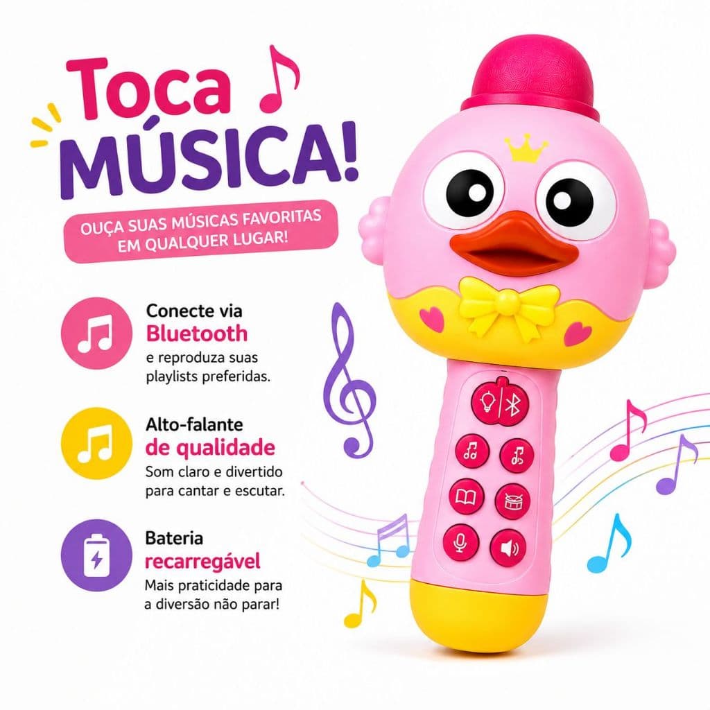 Microfone Infantil Bluetooth Recarregável com Luz LED Música Gravação Histórias Brinquedo Educativo