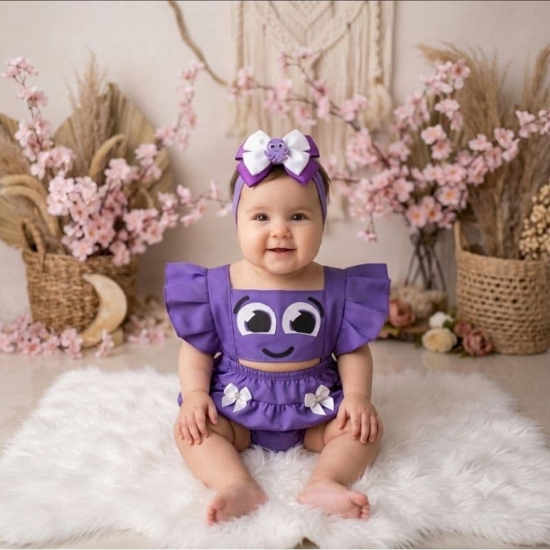 Romper Vestido Bolofofo + Faixa De Cabelo Jardineira Temático Mesversário Body Bebê Menina Ensaio Fotográfico