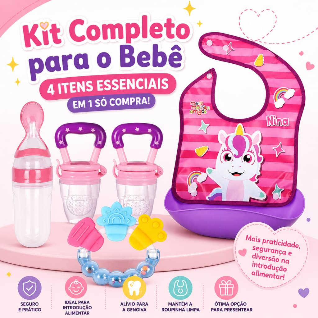 Kit Alimentação Bebê Mamadeira Dosadora + 2 Chupetas Alimentadoras + Babador + Mordedor
