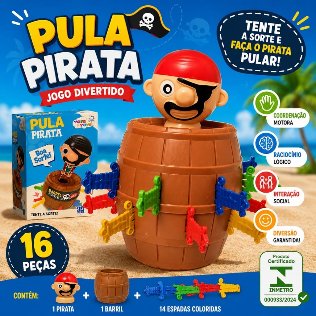 Brinquedo Pula barril Pirata Infantil Jogo Divertido Educativo 16 Peças Interativo Crianças Família